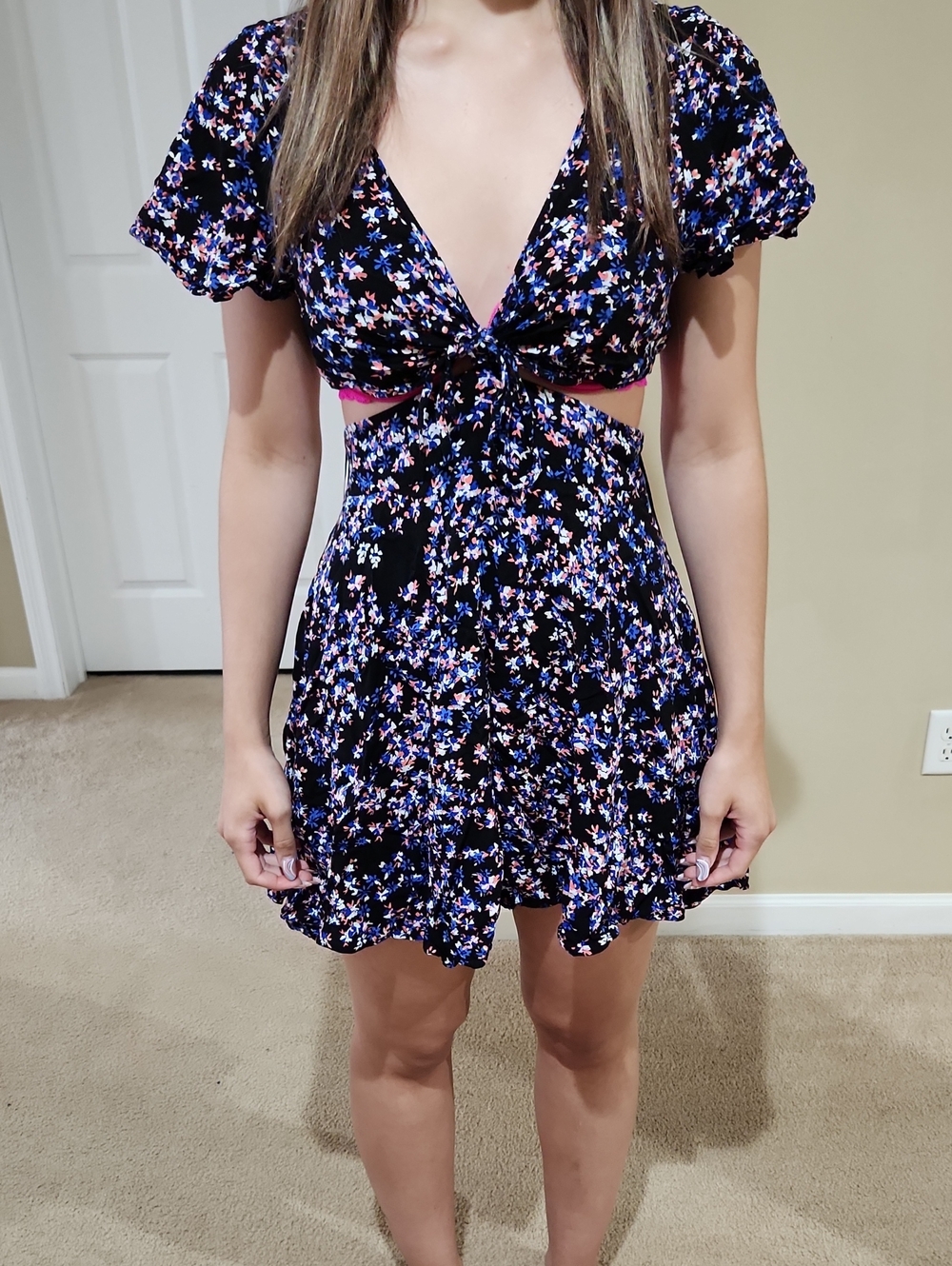 Express Black Floral Tie-Front Mini Dress